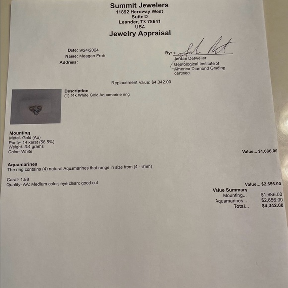 White gold 1.88 carat Aquamarine ring with appraisal - Picture 5 of 5